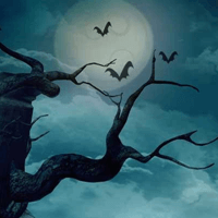 Scary tree and the moon with bats flying